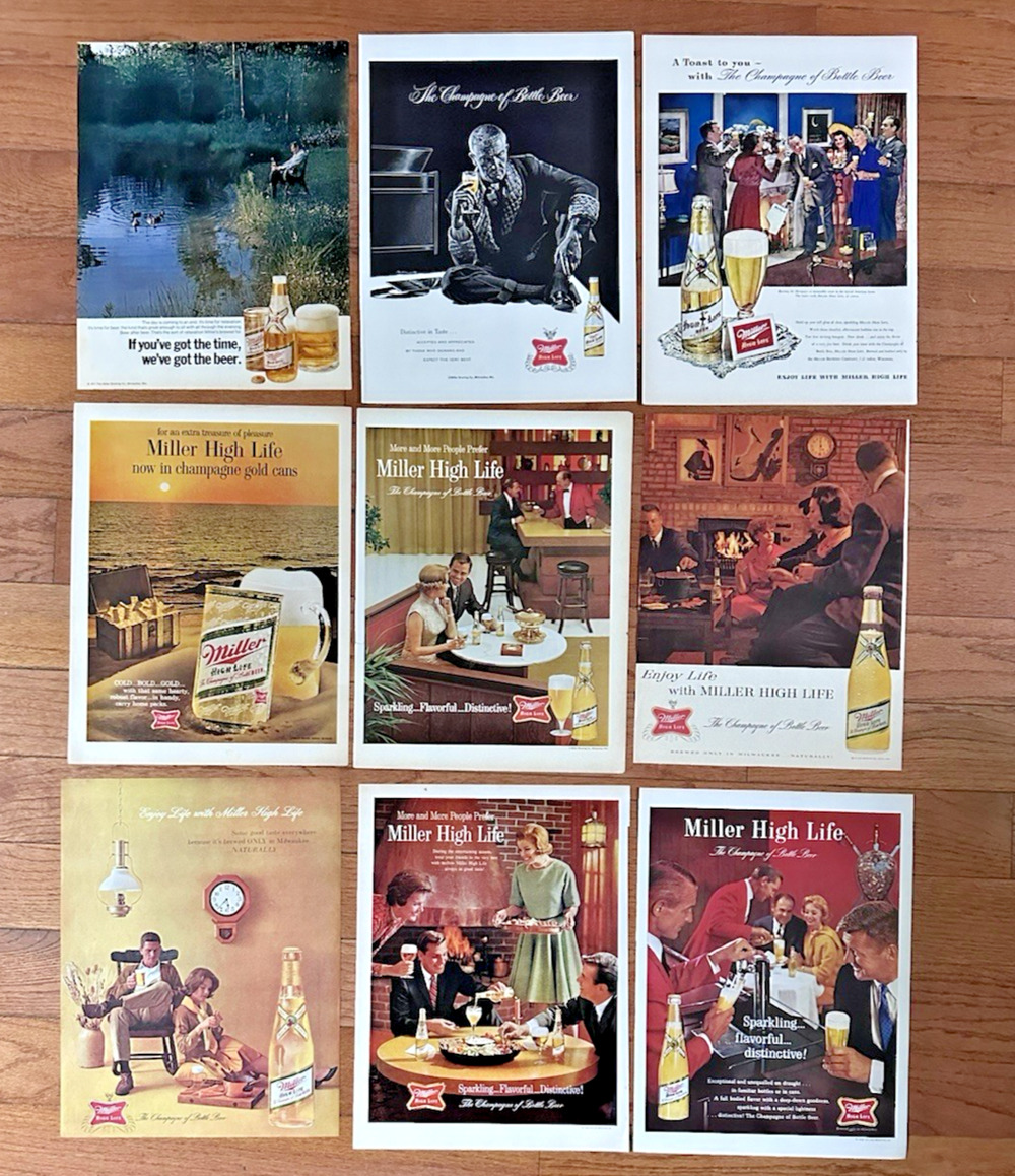 9 Vintage Miller High Life Beer Ads Lot 1940s - 1970s